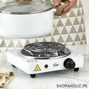 Single electric stove with coil burner and adjustable temperature control knob for portable countertop cooking.