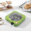 Single electric stove in vibrant green with adjustable temperature control for compact, portable kitchen cooking.