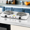 Double electric stove with white finish, dual heating coils, and adjustable temperature knobs for kitchen cooking.