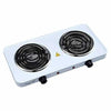 Double electric stove in white with dual heating coils and independent temperature control knobs for countertop cooking.