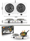 Double electric stove with white finish, dual heating elements, and temperature control knobs for compact kitchens.