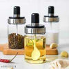 Spoon Lid Jar set for kitchen spices, oil, and salt with leak-proof lids and integrated spoons in glass containers.