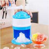 Manual ice crusher machine in blue making shaved ice for summer snow cones and dessert bowls.