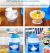 Manual Ice Crusher for making shaved ice, smoothies, and slushies with bowls of fruit dessert on a wooden table.