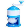 Manual ice crusher machine with hand crank for snow cones and cocktails, blue and white design.