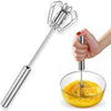 Manual Egg Beater, stainless steel semi-automatic whisk for mixing eggs and baking in a glass bowl.