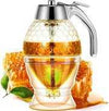 Honey Jar Dispenser with trigger handle, clear glass beehive design for mess-free honey, syrup, and nectar pouring.