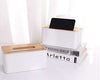 Wooden tissue box cover, rectangular handcrafted facial tissue holder with smartphone stand for modern home decor.