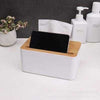 Wooden tissue box cover, rectangular handcrafted facial tissue holder with phone stand for modern bathroom storage.