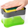 2-in-1 soap pump dispenser and kitchen sponge holder with hand pressing dish soap into yellow sponge.