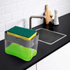 2-in-1 Soap Pump Dispenser and kitchen dish soap organizer with built-in sponge holder on a modern sink countertop.