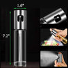 100ML oil spray bottle, professional glass dispenser for kitchen and BBQ, showing dimensions and misting action.