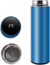 500ml blue smart water bottle with LED temperature display and stainless steel filter for insulated beverage storage.