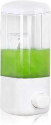 Wall-mounted liquid soap dispenser with sleek design for bathroom and kitchen organization, holding green soap.