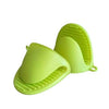 Green silicone mini oven mitts, heat-resistant pot holders for kitchen cooking, 2-pack pinch grip handle covers.