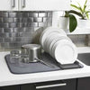 Dish Drying Mat with Rack, super absorbent kitchen draining pad with a gray mat and dish rack on a white countertop.