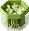 Green hexagonal popsicle mold tray with six sticks for making homemade DIY frozen ice cream treats and desserts.