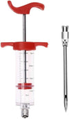 Stainless Steel Meat Injector with red handle and measuring syringe for BBQ marinade and flavor seasoning needles.