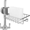 Stainless steel faucet rack and rag drain shelf for punch-free kitchen sink organization and sponge storage.