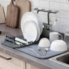 Dish Drying Mat with Rack, super absorbent kitchen draining pad with space for plates, glasses, and utensils.
