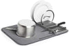 Ultra-Absorbent Dish Drying Mat: Large gray microfiber kitchen drainer pad holding plates, a pot, and utensils.