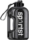 Happy Sporty 2000ML black water bottle with time markers, 2L motivational jug with carrying handle for fitness.