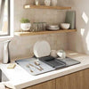 Ultra-Absorbent Dish Drying Mat with integrated rack for large kitchen countertop dish organization.