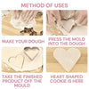 12pcs cookie cutter set demonstrating the step-by-step process of cutting heart-shaped dough for baking.