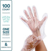 Disposable plastic gloves 100-pack, food safe transparent hand protection, one size fits most ambidextrous design.