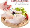 Stainless Steel Meat Injector tool for BBQ marinade and flavor seasoning on raw chicken thighs.
