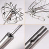 Manual egg beater and stainless steel hand whisker for efficient kitchen baking and coffee frothing.