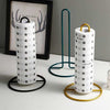 Metal Tissue Roll Stand, heavy duty vertical paper towel holder with polka dot paper towels on kitchen counter.
