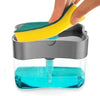 2-in-1 soap pump dispenser and kitchen dish soap organizer with sponge holder being pressed by hand.
