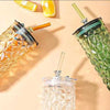 Aesthetic Straw Mason Jar with Silver Bear Lid, 450ml textured glass tumblers in clear, amber, and green.
