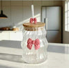 Premium 500ml lined glass cup with bow, aesthetic ribbed drinking glass with bamboo lid, straw, and pink bow charm.