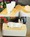 Wooden Tissue Box Cover, rectangular handcrafted facial tissue holder with a white base and natural wood lid.