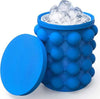 Silicone Ice Bucket and Ice Cube Genie for easy ice storage, featuring a blue flexible container and lid with ice cubes.