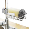 Stainless steel kitchen faucet rack for sink storage, punch-free drain holder for sponges, rags, and scrubbers.