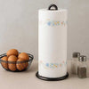 Metal Tissue Roll Stand, heavy-duty vertical paper towel holder in black for modern kitchen countertop organization.
