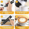 Rechargeable coffee beater, 3-speed handheld milk frother, and egg whisk instruction guide for creating coffee foam.
