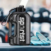 Happy Sporty 2000ML black motivational water bottle with time marker and carry strap for gym and fitness tracking.