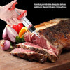 Stainless Steel Meat Injector BBQ Marinade & Flavor Seasoning Needle infusing flavor into raw beef on cutting board.