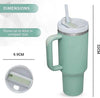 Spill-proof 40oz Stanley tumbler replacement lid with flip straw, splash-resistant cover and dimensions diagram.