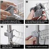 Stainless steel faucet rack and punch-free sink storage shelf installation guide for kitchen organization.