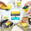 2-in-1 soap pump dispenser and kitchen dish soap organizer with included cleaning sponge for easy sink organization.