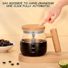 Auto rechargeable mixing mug, 400ml self-stirring coffee cup with USB, glass design with wood-look handle and lid.