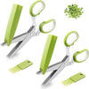 5-Layer herb scissors and stainless steel vegetable cutter set with green ergonomic handles and cleaning combs.