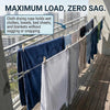 2-Meter stainless steel clothesline with hanging hooks for heavy-duty, sag-free laundry drying on a balcony.
