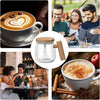 Auto Rechargeable Mixing Mug 400ml: A USB self-stirring coffee cup with a glass design and wooden handle.