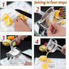 Strong Metal Hand Juicer, small manual citrus press demonstrating four steps for easy daily orange juice extraction.